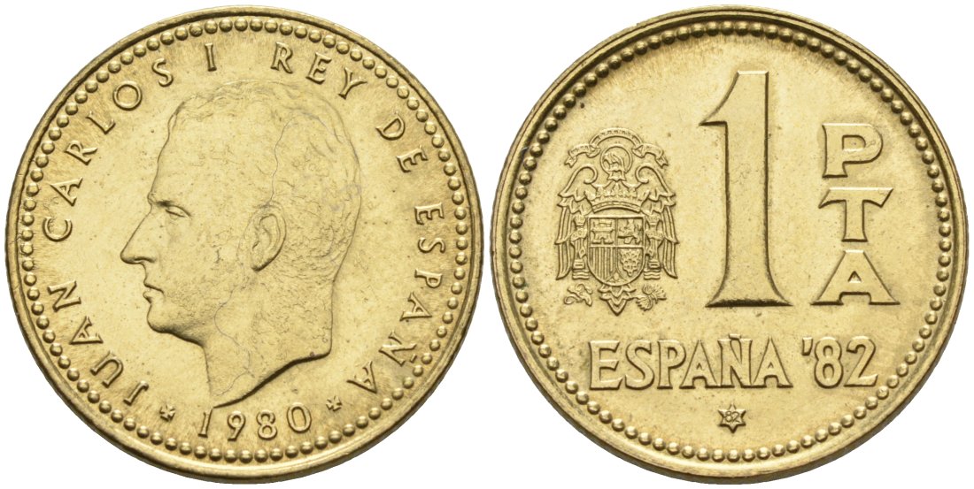 Испания 1 песета 1980 (82) чемпионат мира по футболу 82, Хуан Карлос I (1975-2001) KM 816 алюминиевая бронза 4571-1122