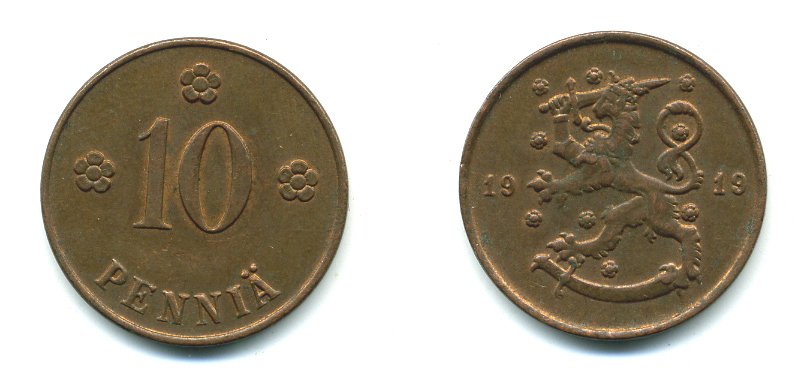 Финляндия 10 пенни 1919 KM 24 медь 41-1143