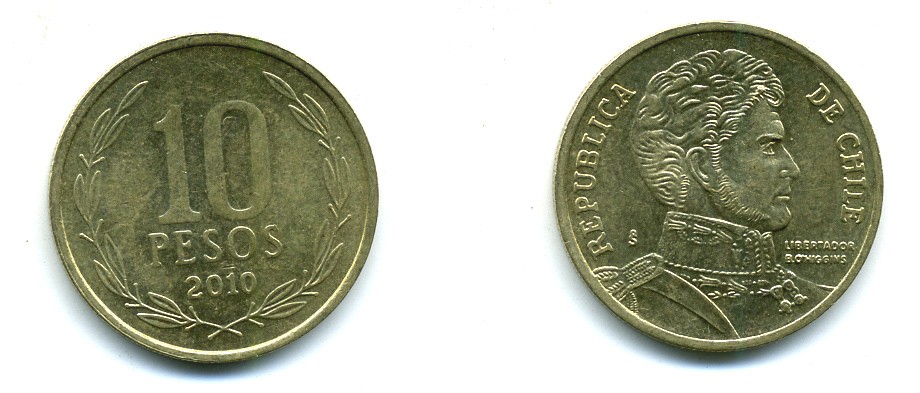 ЧИЛИ 10 ПЕСО 2010 ГЕНЕРАЛ БЕРНАРДО О ХИГГИНС KM 228.2 никель-бронза 37-857