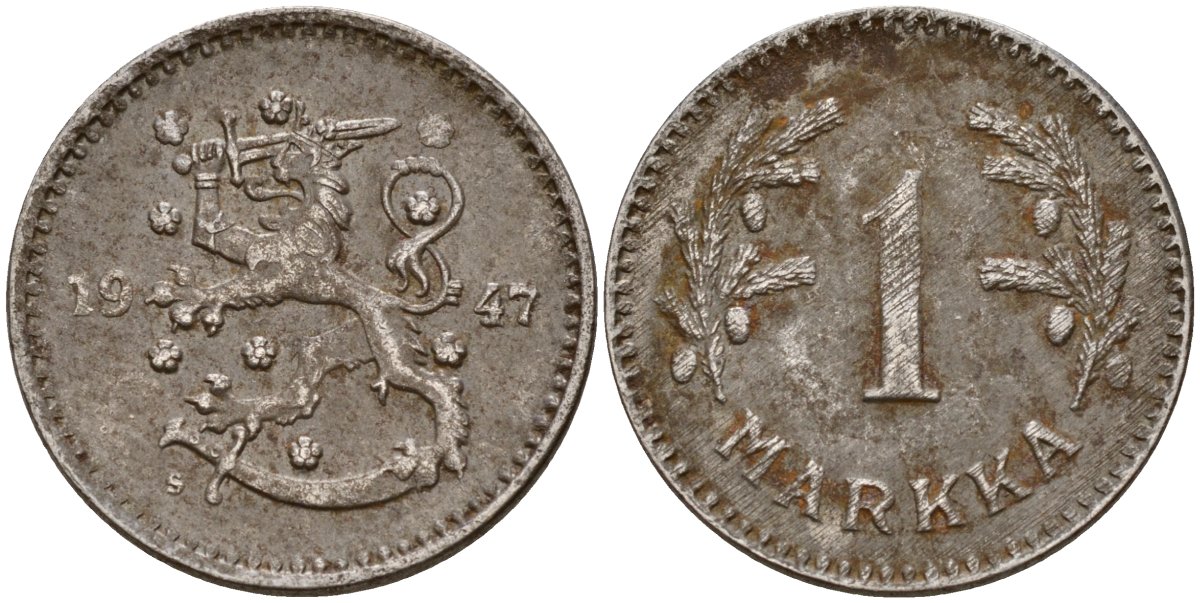 Финляндия 1 марка 1947 S KM 30b железо 4580-1264