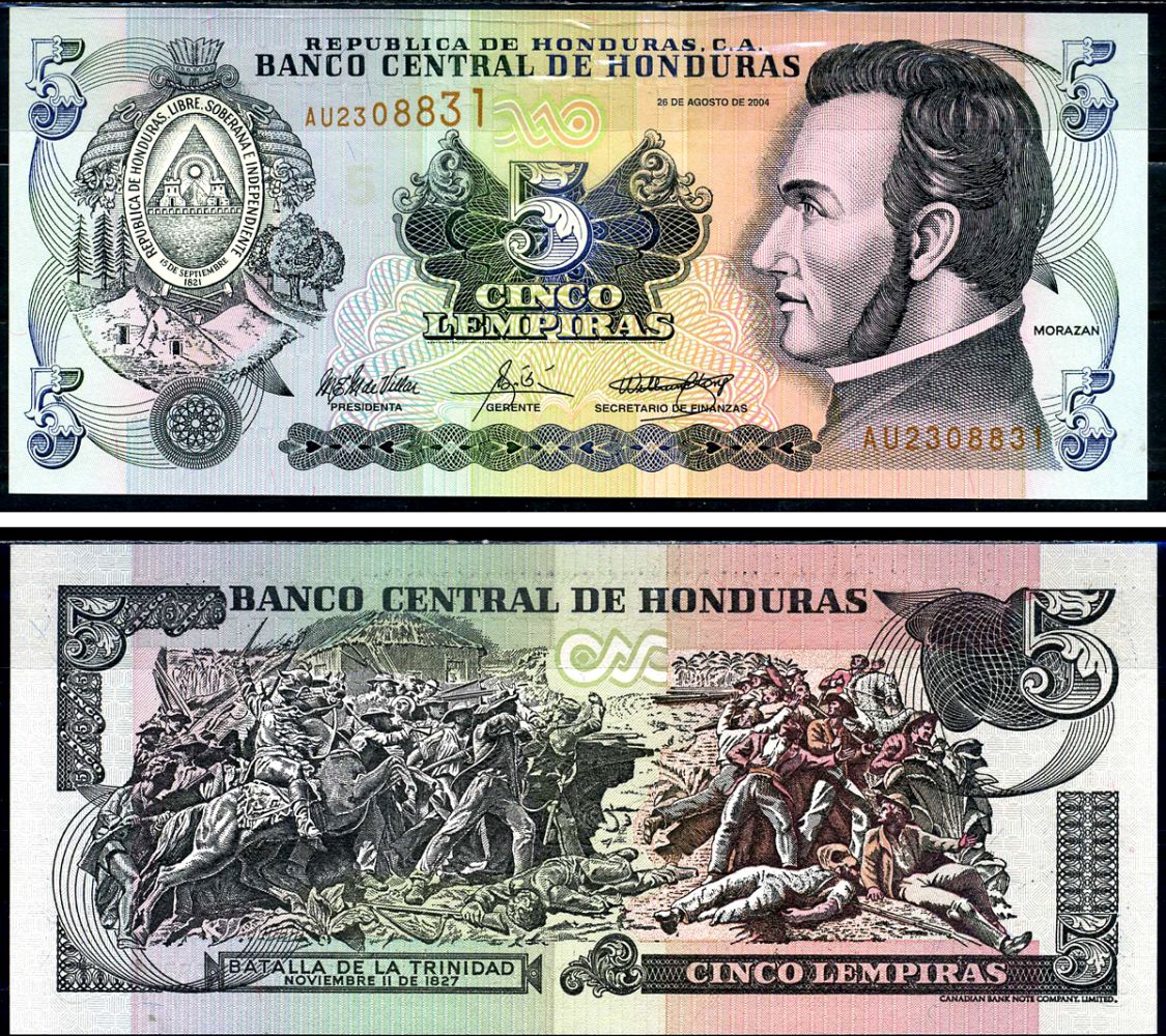 Гондурас 5 лемпира 2004 Франсиско Морасан, сцена битвы за Тринидад Pick 85d бумага UNC (пресс) 6283-24-2-2