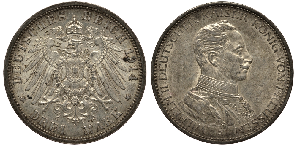 Пруссия 3 марки 1914 Вильгельм II (1888-1918) в мундире KM 538, J.113 серебро 3711-613