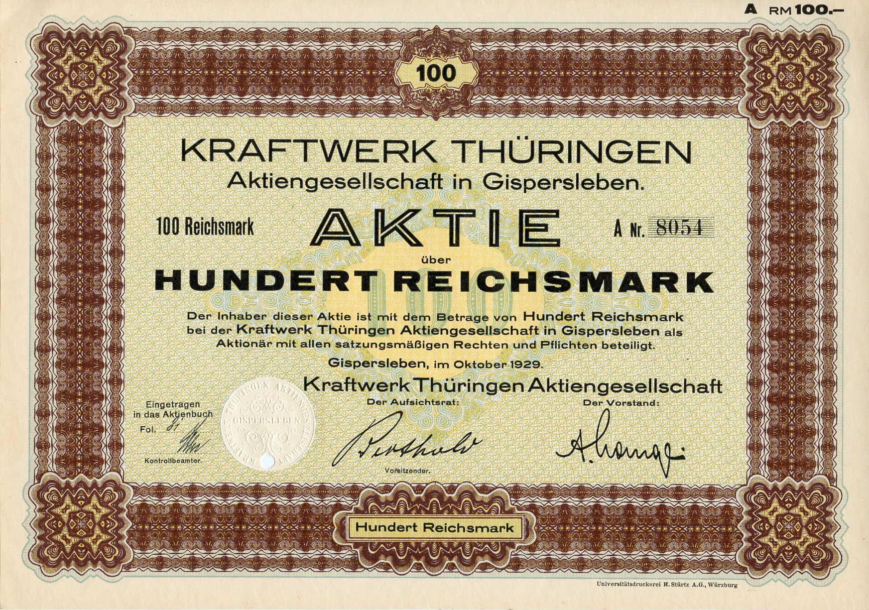 Германия 100 рейхсмарок 1929 АО Электростанция Тюрингии, акция   бумага   8801-111-1