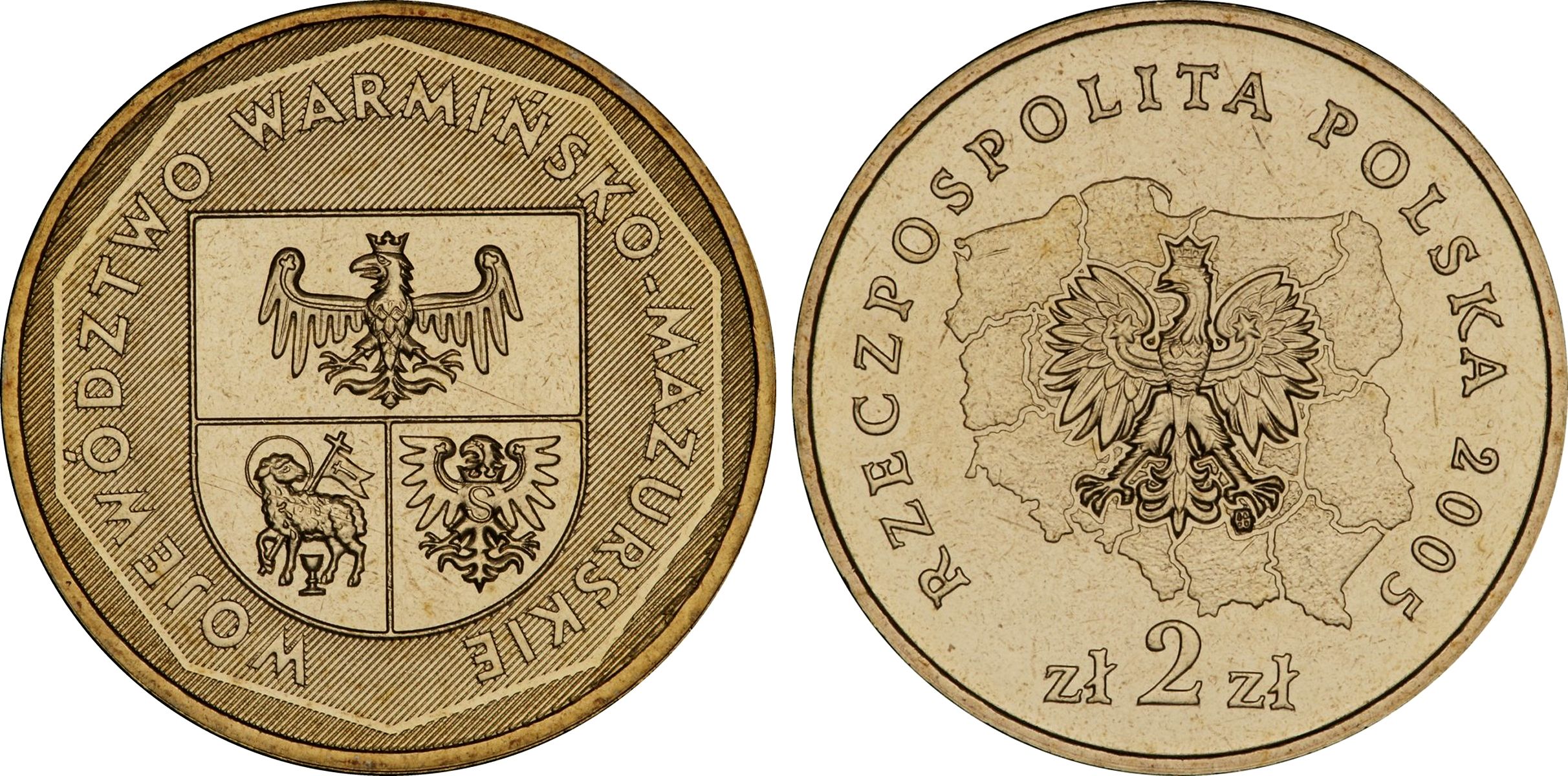 Польша 2 злотых 2005 MW, серия польские воеводства, Варминско-Мазурское воеводство KM 614 нордик UNC 4676-317