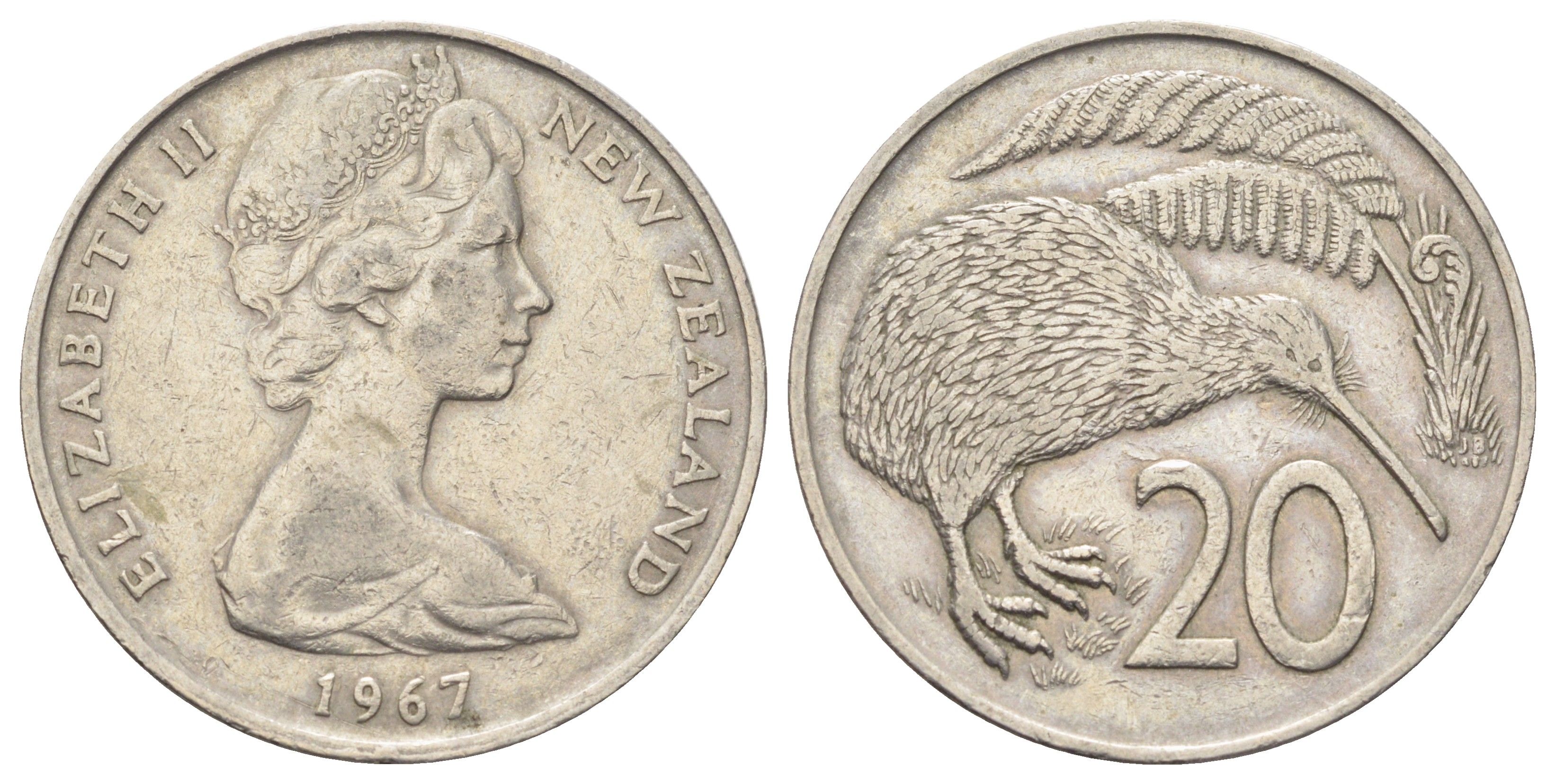 Новая Зеландия 20 центов 1967 Елизавета II (1952-2022), птичка киви KM 36 медно-никель 4699-1113