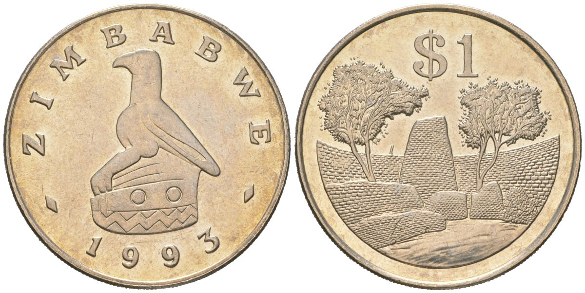 Зимбабве 1 доллар 1993 руины большого Зимбабве KM 6 медно-никель UNC 106-811