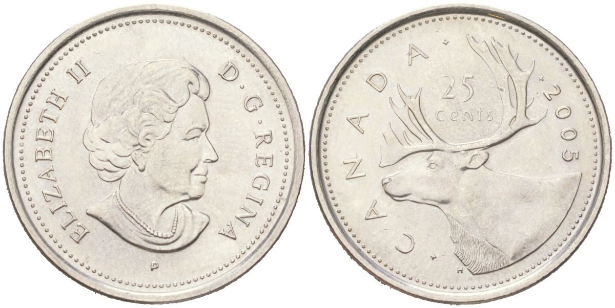Канада 25 центов 2005 P, Елизавета II, олень KM 493 сталь плакированная никель aUNC 4143-355