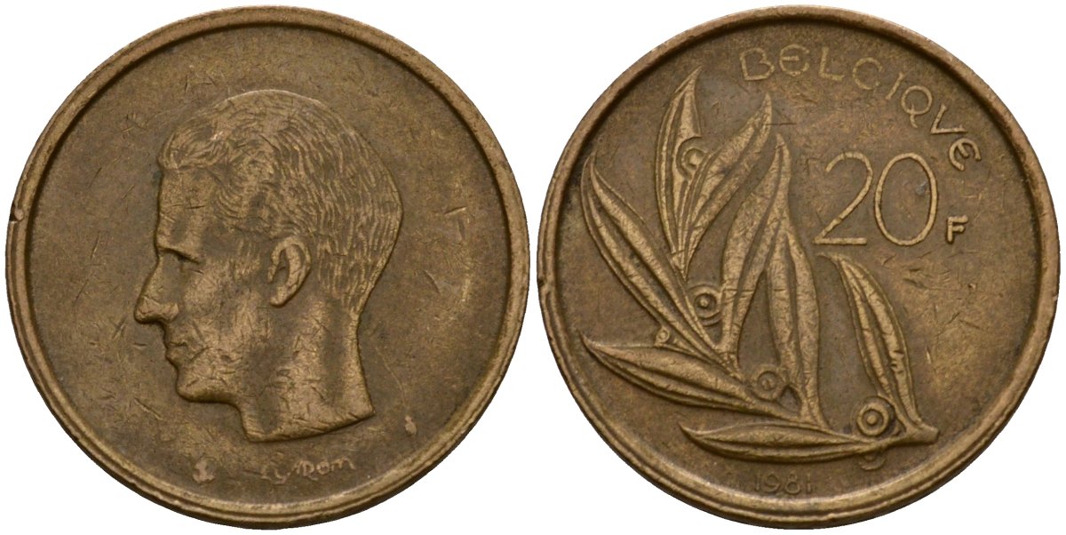Бельгия 20 франков 1981 Belgique, Бодуэн I (1951-1993) KM 159 никель бронза 4601-343