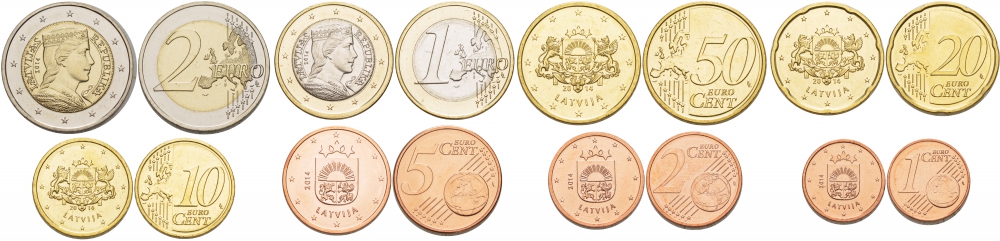 Латвия евронабор из 8 монет 2014 (1, 2, 5, 10, 20, 50 евроцентов, 1, 2 евро), две монеты биметалл UNC N2-44