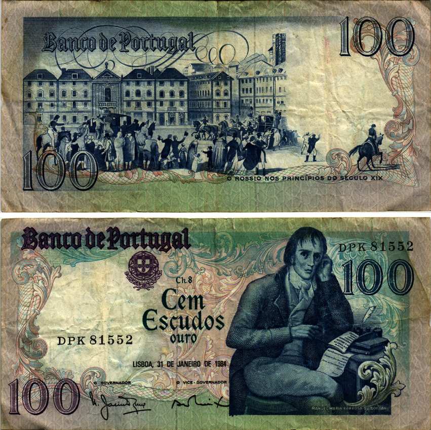 ПОРТУГАЛИЯ 100 ЭСКУДО 1984 31 ЯНВАРЯ 1984, МАНУЭЛЬ МАРИЯ БАРБОЗА ду БОГАЖЕ, ПОРТУГАЛЬСКИЙ ПОЭТ Pick 178c бумага 8607-84-1-1