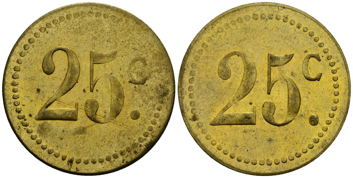 Франция 25†сантимов XIX-XX век ресторанный жетон латунь 4166-1056