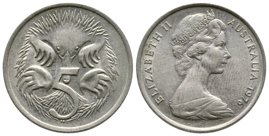 Австралия 5 центов 1976 королева Елизавета II (1952-2022), ехидна KM 64 медно-никель UNC 4609-966