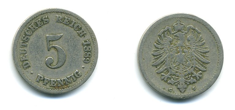 ГЕРМАНИЯ 5 ПФЕННИГОВ 1889 G, СТАРОГЕРБОВКА KM 3, J.3 медно-никель 54-361