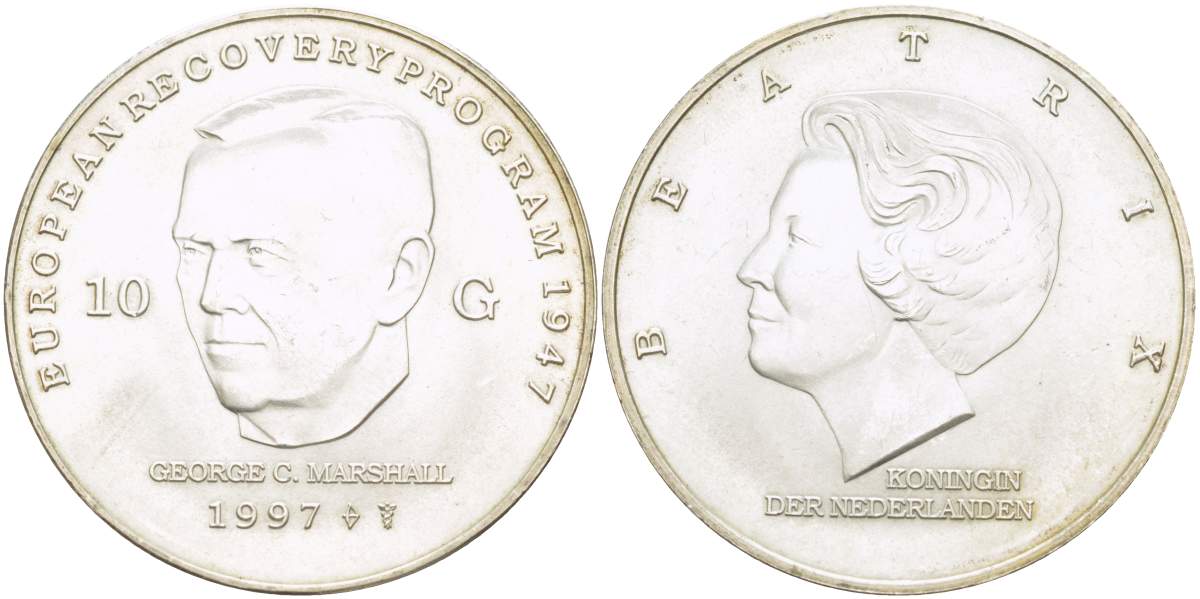 Нидерланды 10 гульденов 1997 Беатрикс (1980-2013), Джордж Маршалл KM 224 серебро UNC 4517-1121