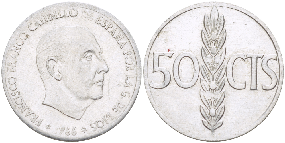 ИСПАНИЯ 50 СЕНТИМО 1966 (71) ФРАНСИСКО ФРАНКО ДИКТАТОР ИСПАНИИ ( 1939- 1975) KM 795 алюминий 4181-1064