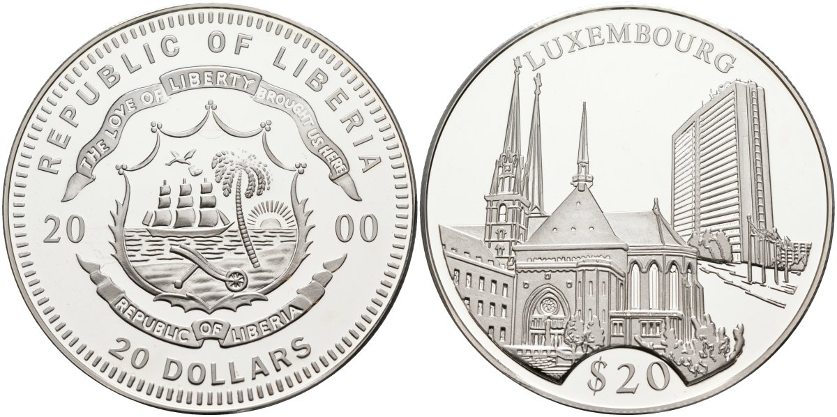 Либерия 20 долларов 2000 серия памятники архитектуры, Люксембург KM 326 серебро PROOF 04-321-13