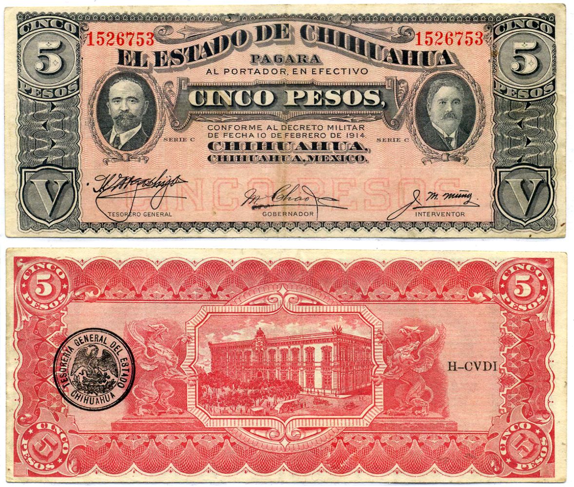 Мексика, Чиуауа 5 песо 1914 10 февраля 1914, серия С, слева xthyfz печать, справа надпечатка H-CVDI Pick S 531f бумага 8603-5-1-2