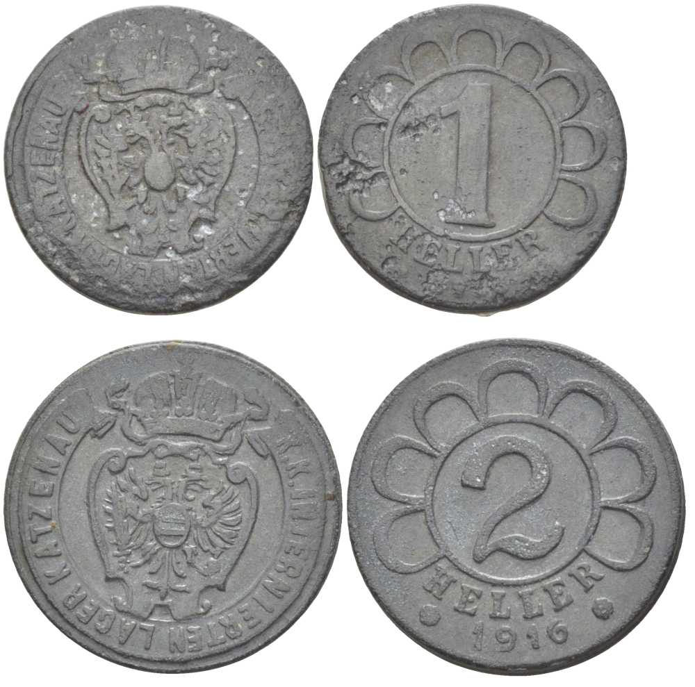 АВСТРИЯ ЛОТ ИЗ 2 МОНЕТ (1 И 2 ГЕЛЛЕРА) 1916 ЛАГЕРНЫЕ ДЕНЬГИ, ЛАГЕРЬ KATZENAU БЛИЗ ГОРОДА ЛИНЦ ДЛЯ ИНТЕРНИРОВАННЫХ ЛИЦ, ВО ВРЕМЯ ПЕРВАЯ МИРОВАЯ ВОЙНЫ, СЛУЖИЛ ДЛЯ УНИЧТОЖЕНИЯ МИРНЫХ ГРАЖДА НАХОДИВШИХСЯ В СОСТОЯНИИ ВОЙНЫ С АВСТРО-ВЕНГРИЕЙ, N5-67