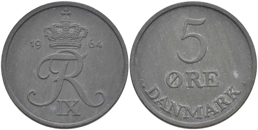 ДАНИЯ 5 ЭРЕ 1964 C; S, ФРЕДЕРИК IX (1947-1972) KM 843.2 цинк 38-423