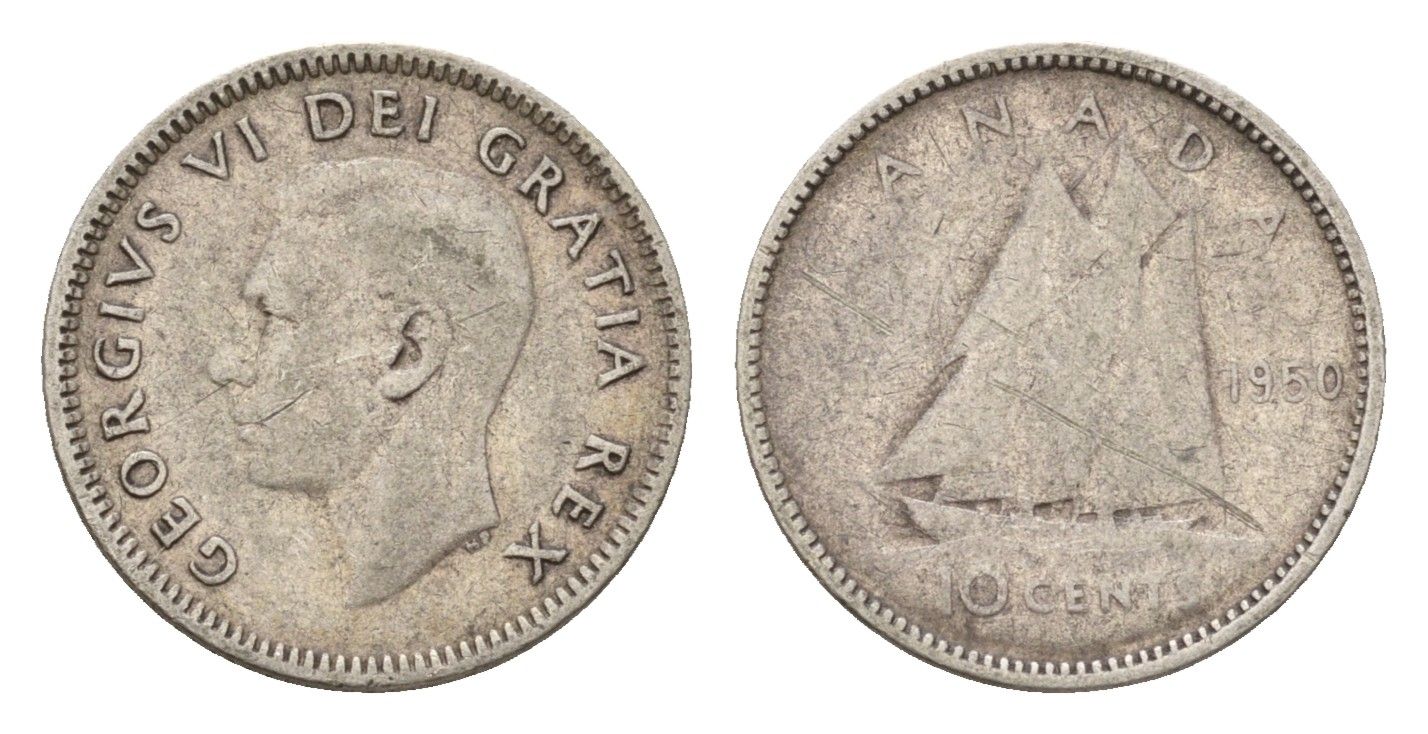 Канада 10 центов 1950 Георг VI (1936-1952), парусник KM 43 серебро 99-644