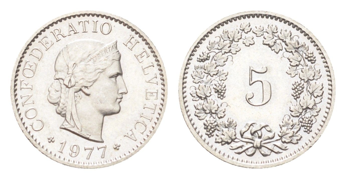 Швейцария 5 раппенов 1977 KM 26 медно-никель UNC 4705-1266