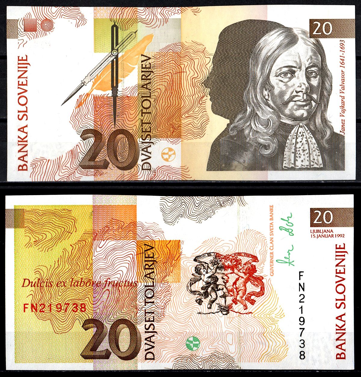 Словения 20 толаров 1992 Pick 12a бумага UNC (пресс) 6278-52-3-2