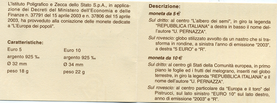 Италия 5 и 10 евро 2003 объединенная Европа серебро UNC 7-5-4-03