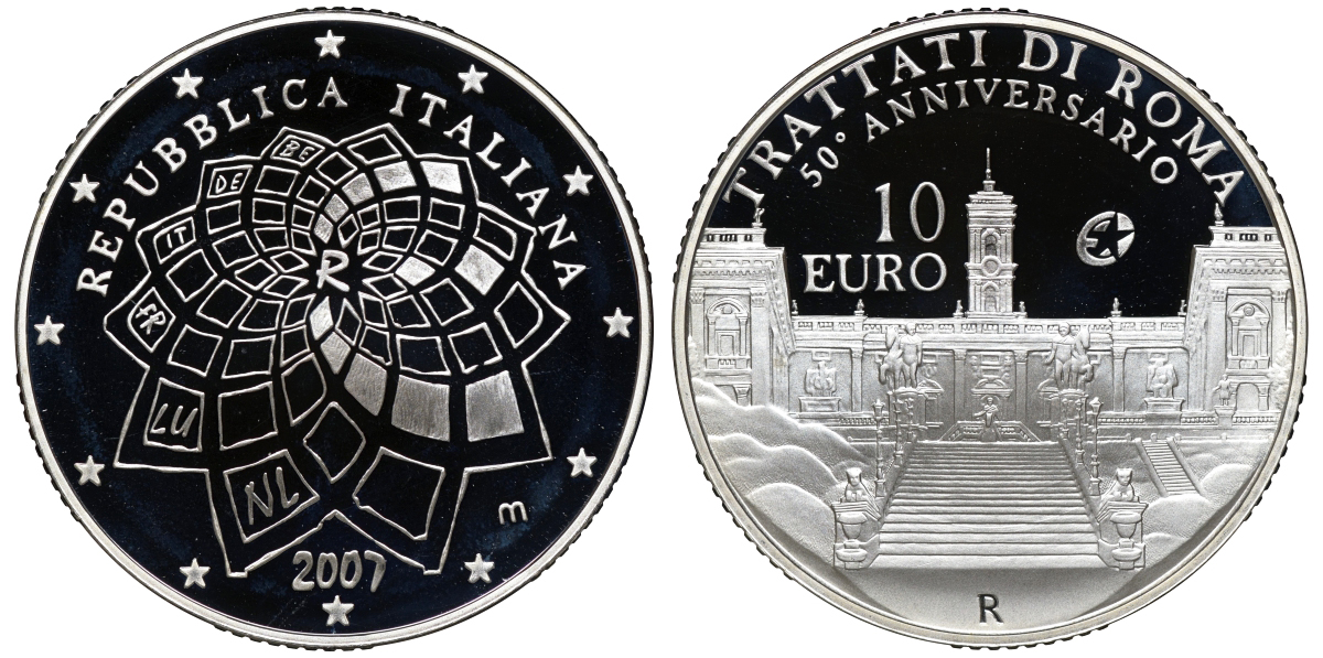 Италия 10 евро 2007 50 лет Римскому договору KM 295 серебро PROOF 2-4-2-23