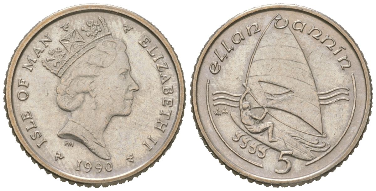 Остров Мэн 5 пенсов 1990 Елизавета II (1952-2022) KM 209.2 медно-никель aUNC 4618-568