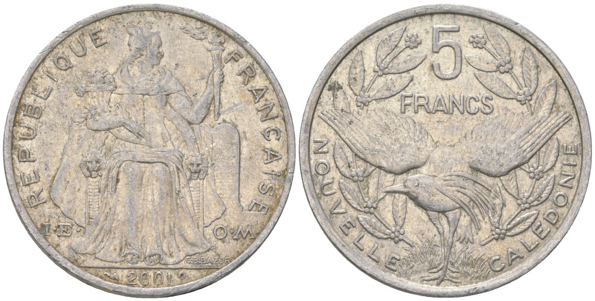 Французская Новая Каледония 5 франков 2001 птица кагу, (IEOM) KM 16, Schoen 12, Lec 81f алюминий 189-445