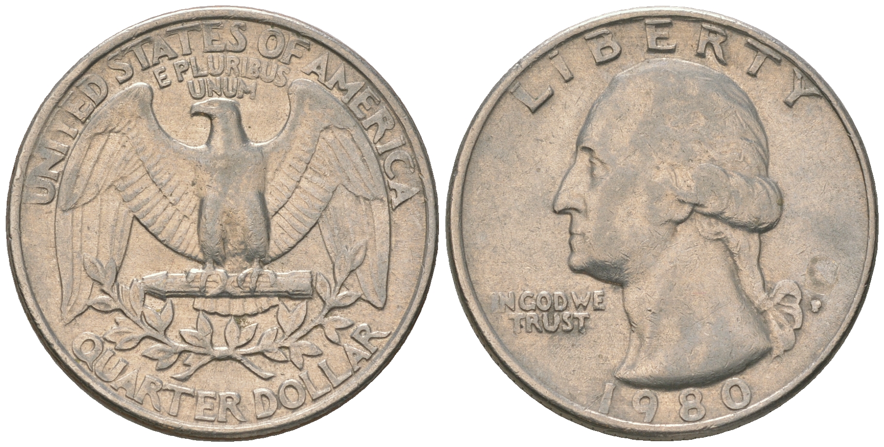 США 25 центов (квотер) 1980 P, Вашингтон KM A164a медь плакированная медно-никелем 4175-356