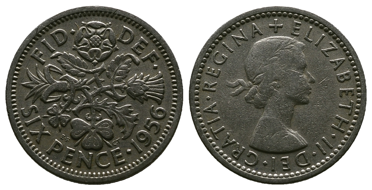Великобритания 6 пенсов 1956 Елизавета II (1952-2022) KM 903, Spink 4149 медно-никель 4381-654