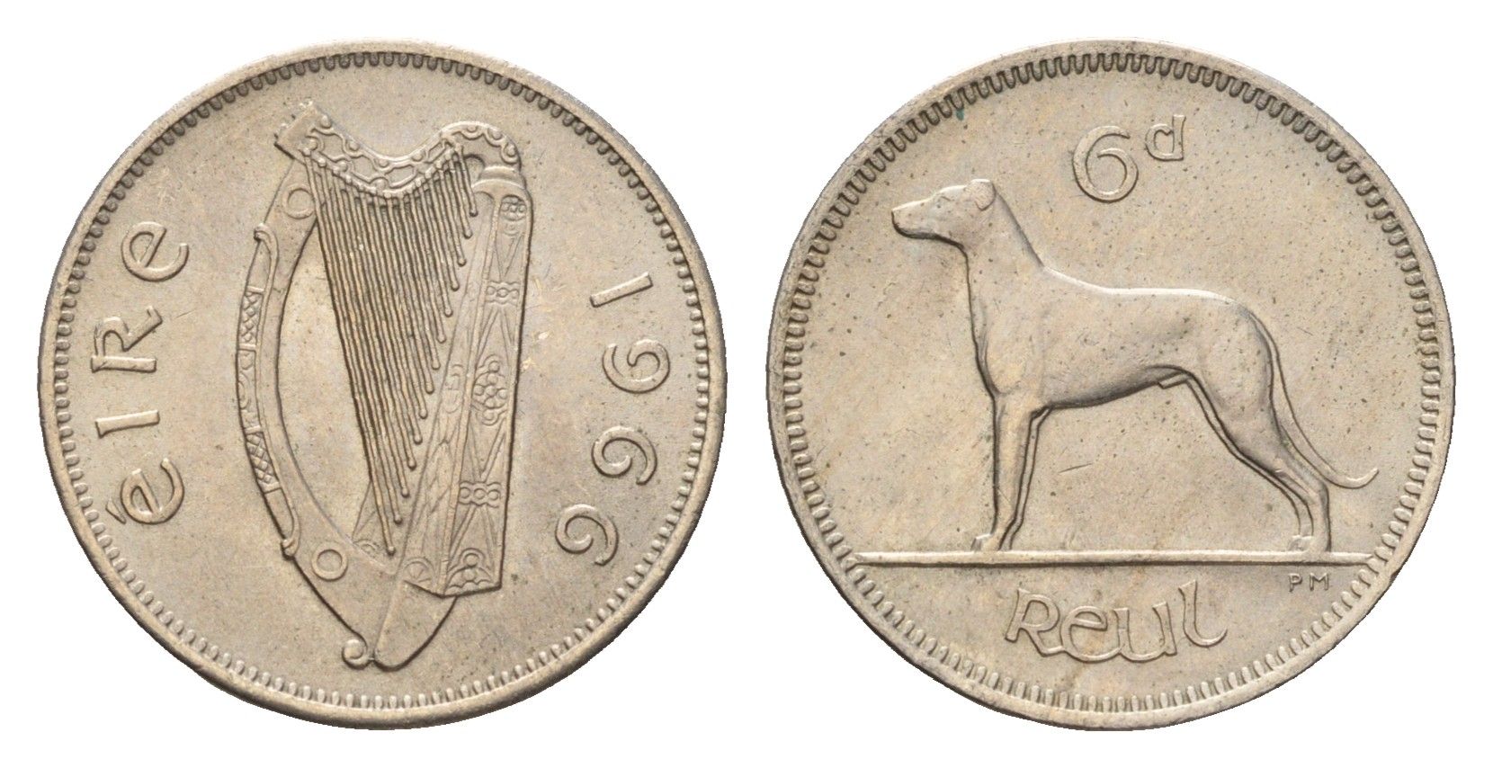 Ирландия 6 пенсов 1966 собака, ирландский волкодав KM 13a медно-никель UNC 4690-341