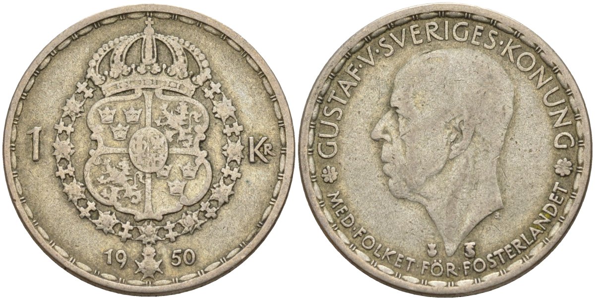 Швеция 1 крона 1950 TS, Густав VI Адольф (1950-1973) KM 814 серебро 4148-1122