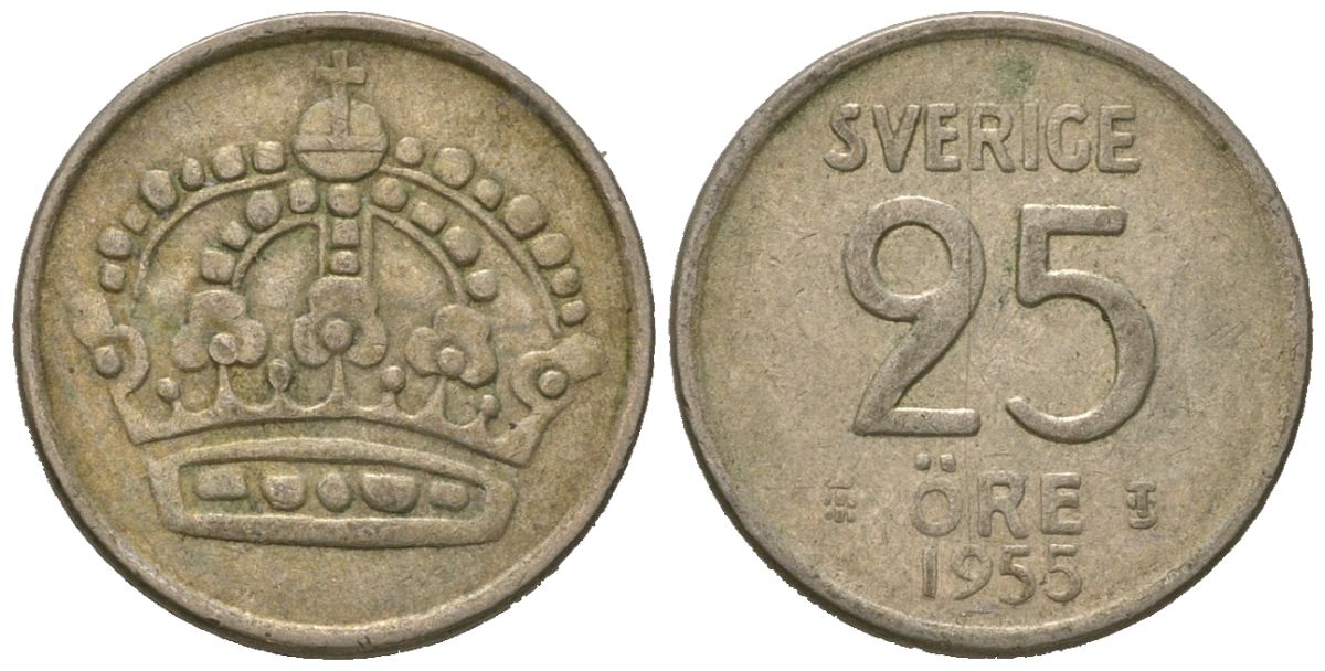 Швеция 25 эре 1953 TS, Густав VI Адольф (1950-1973) KM 824 серебро 4621-329