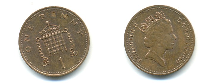 Великобритания 1 пенни 1989 Елизавета II (1952-2022) KM 935, Spink 4381 (B3) бронза 59-1725