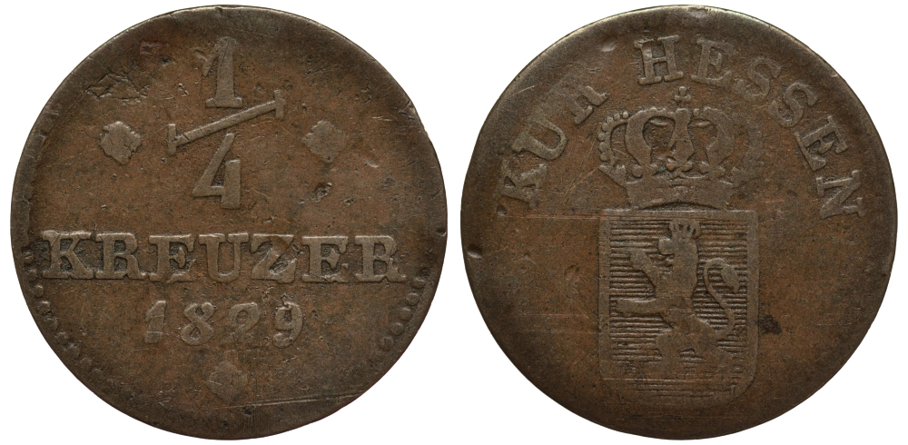 Гессен - Кассель 1/4 крейцера 1829 OBER HESSEN, Вильгельм II (1821-1831) KM 580 медь 1517-623