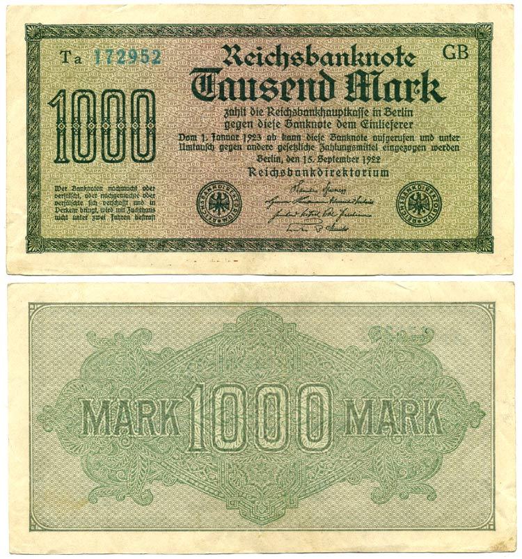 ГЕРМАНИЯ 1000 МАРОК 1922 15 СЕНТЯБРЯ 1922, ВОДЯНОЙ ЗНАК G, БЕЛАЯ БУМАГА Pick 76e бумага 7548-41-2