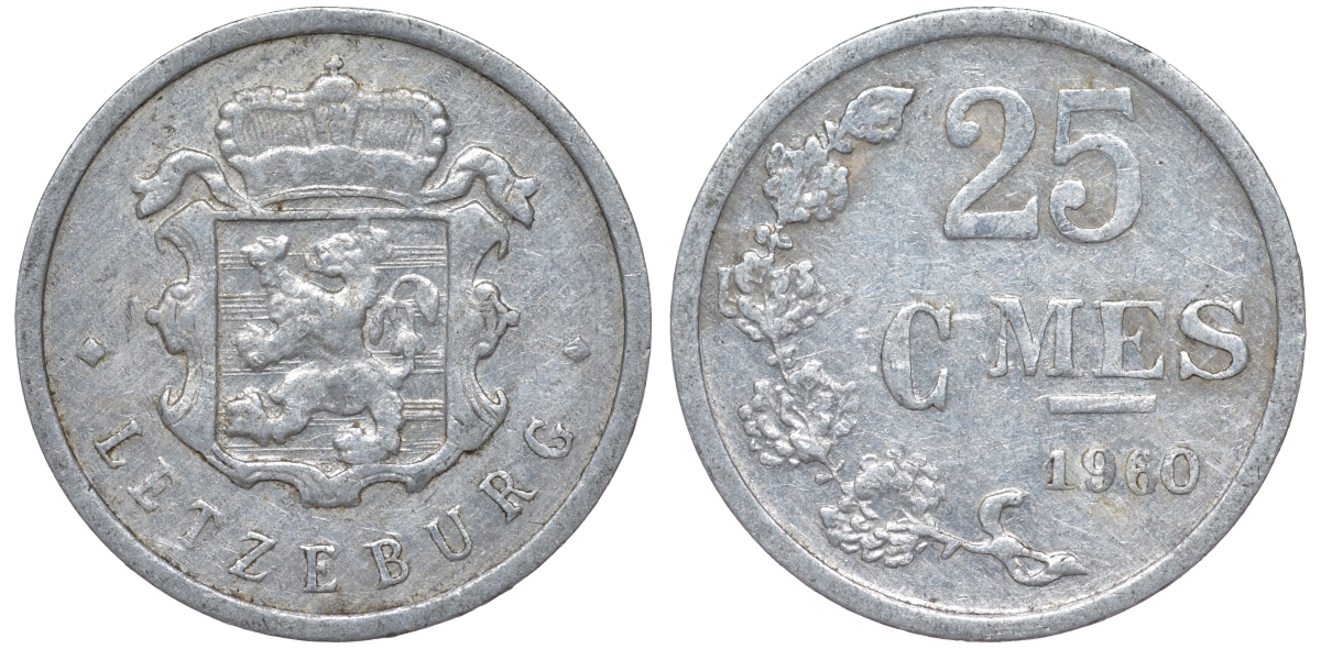 Люксембург 25 сантимов 1960 KM 45a.1 алюминий 4528-244