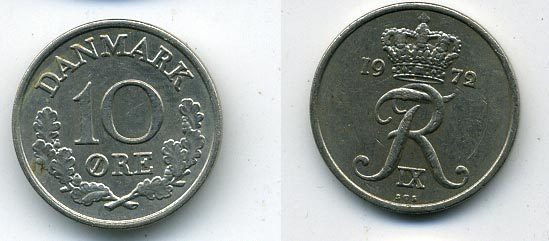 ДАНИЯ 10 ЭРЕ 1972 S; S, ФРЕДЕРИК IX (1947-1972) KM 849.2 медно-никель UNC 54-1137