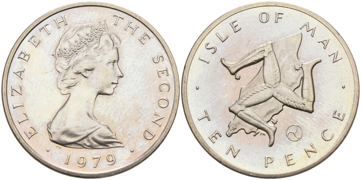Остров Мэн 10 пенсов 1979 АА, герб, Елизавета II (1952) KM 36.1 медно-никель BUNC 4583-231