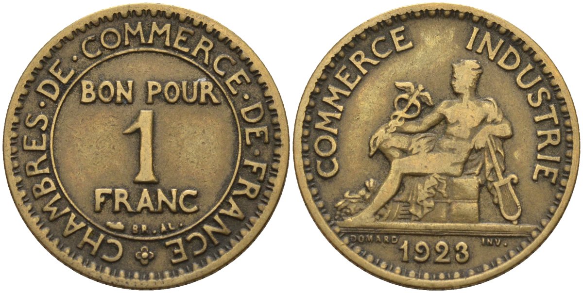 Франция 1 франк 1923 KM 876, Le Franc 218.5 алюминиевая бронза 4142-727