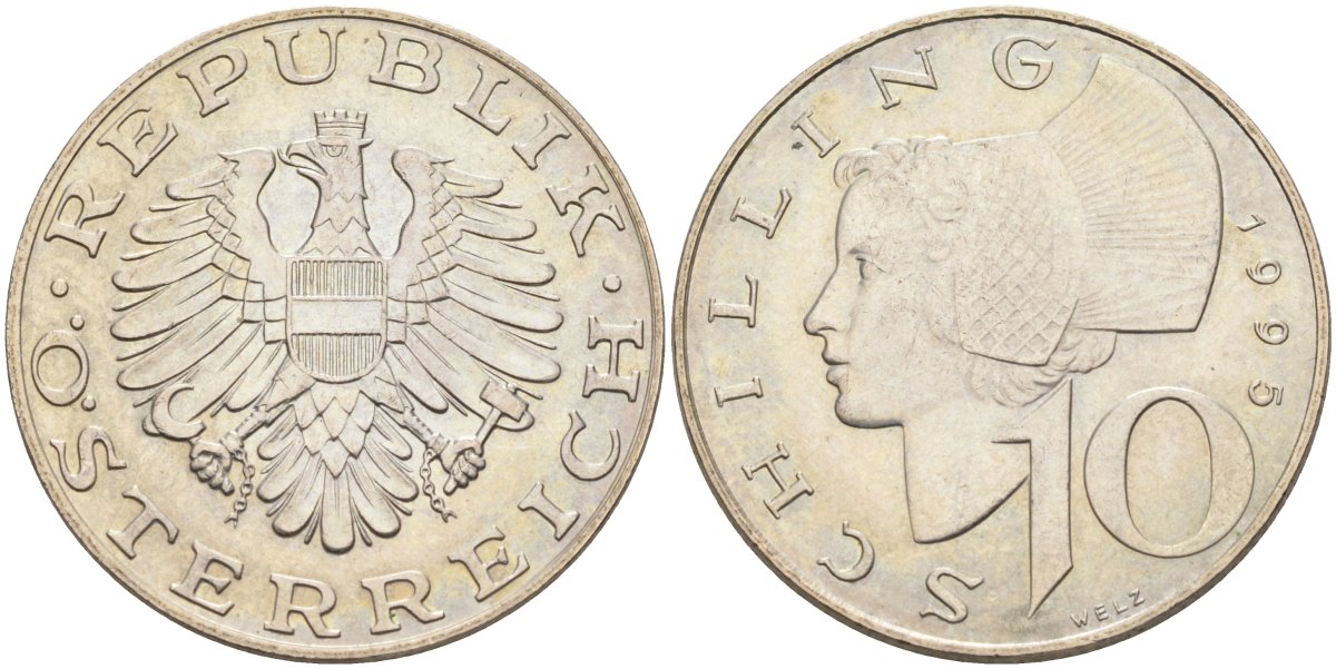 Австрия 10 шиллингов 1995 KM 2918 никель плакированный медно-никелем aUNC 4116-1021