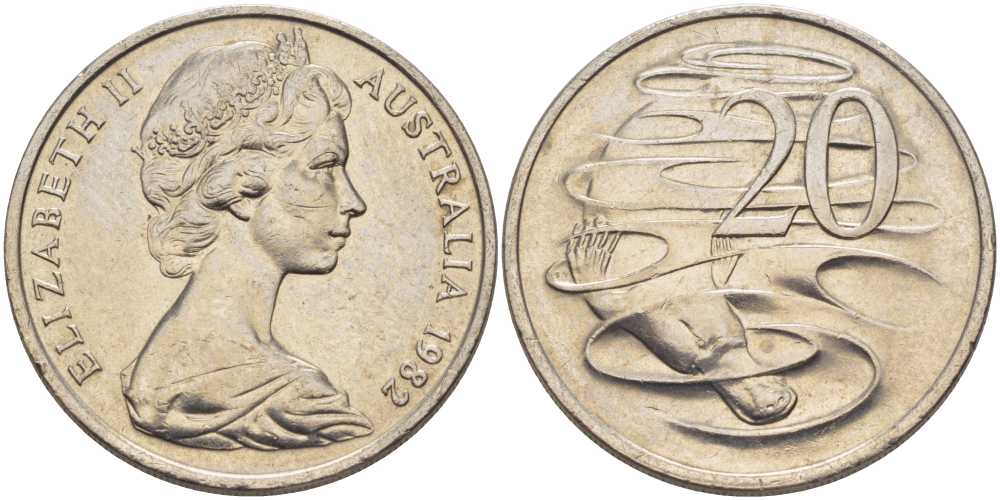 АВСТРАЛИЯ 20 ЦЕНТОВ 1982 ЕЛИЗАВЕТА II, МОЛОДОЙ ПОРТРЕТ, УТКОНОС KM 66 медно-никель 38-724