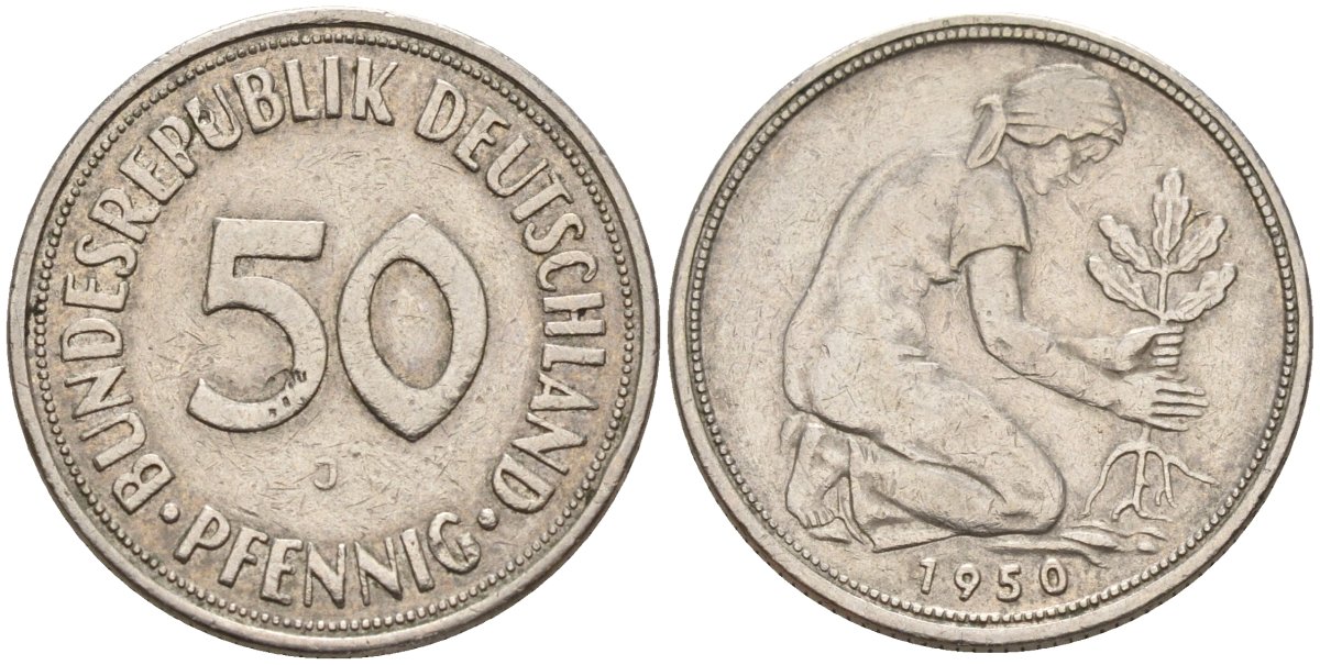 ФРГ 50 пфеннигов 1950 J KM 109, J. 384 медно-никель 4176-651