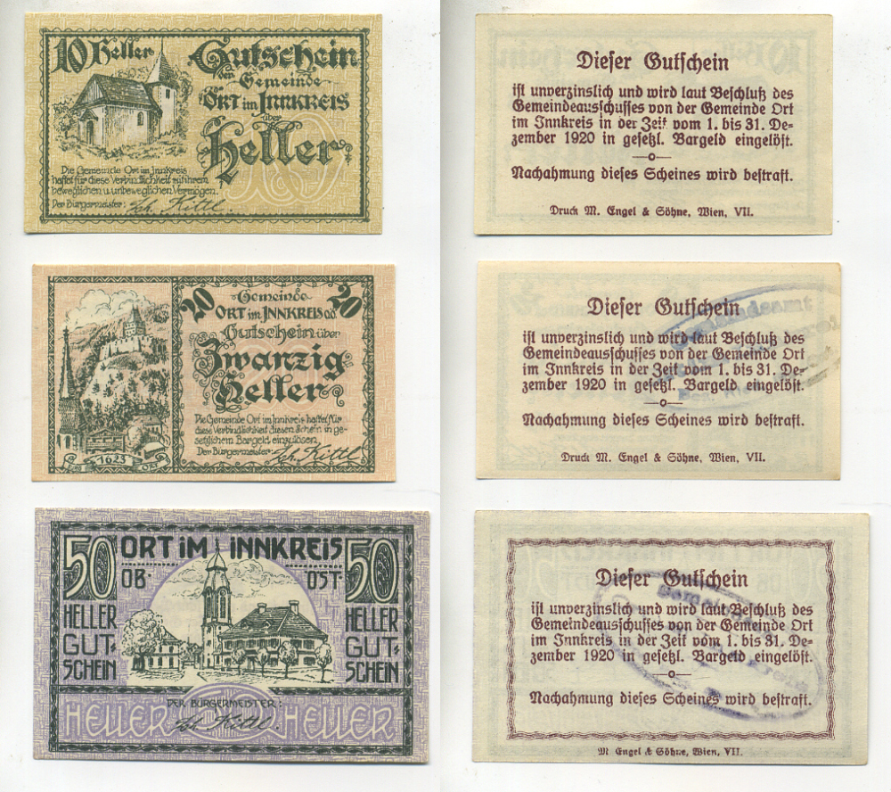 АВСТРИЯ НАБОР ИЗ 3 БАНКНОТ 1920 ДО 31 ДЕКАБРЯ 1920, НОТГЕЛЬД, 10, 20, 50 ГЕЛЛЕРОВ, ORT im INNKREIS бумага aUNC 6278-67-2