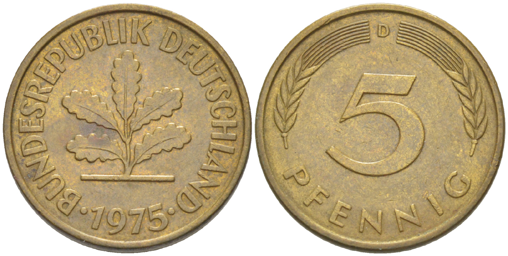 ФРГ 5 ПФЕННИГОВ 1975 D KM 107, J. 382 сталь плакированная латунью 4181-946