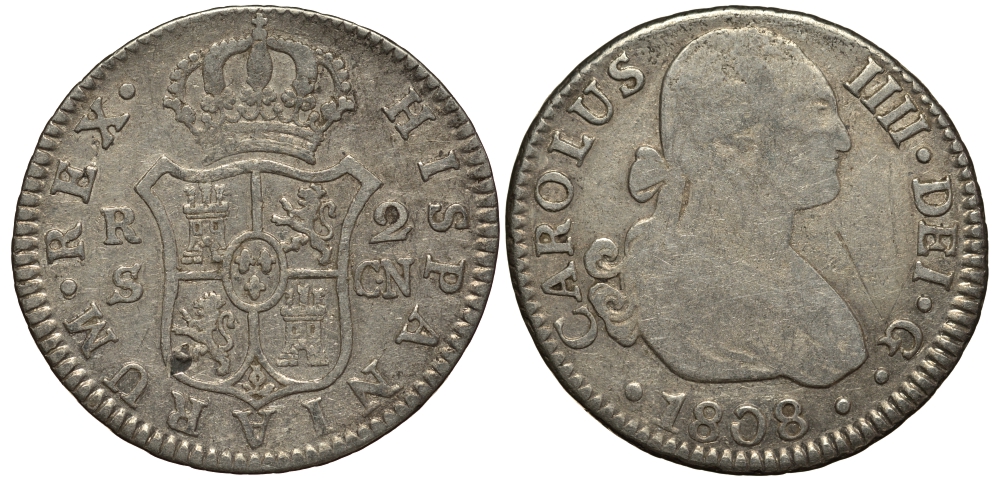 Испания 2 реала 1808 S CN, мондвор (Севилья), Карлос IIII (1788-1808) KM 430.2 ( C69.2) серебро 650-831