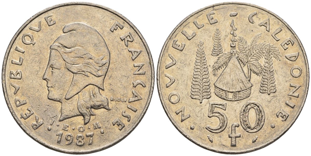 Французская Новая Каледония 50 франков 1987 хижина среди сосен и пальм, (IEOM) KM 13, Schoen 15, Lec 121 никель 4120-242