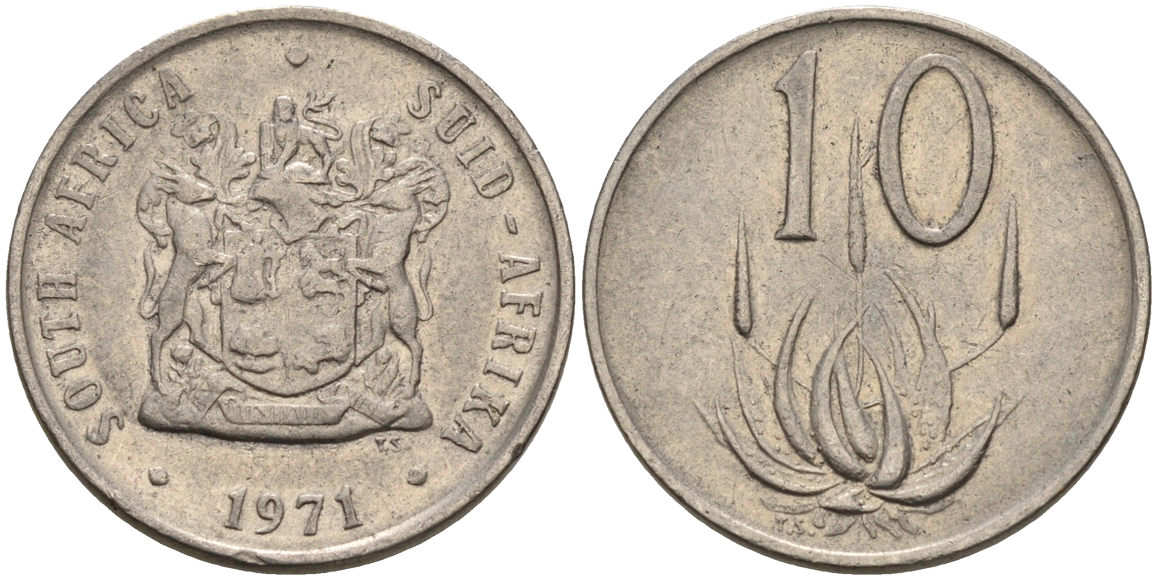 ЮАР 10 центов 1971 цветок алоэ KM 85 никель    4189-122